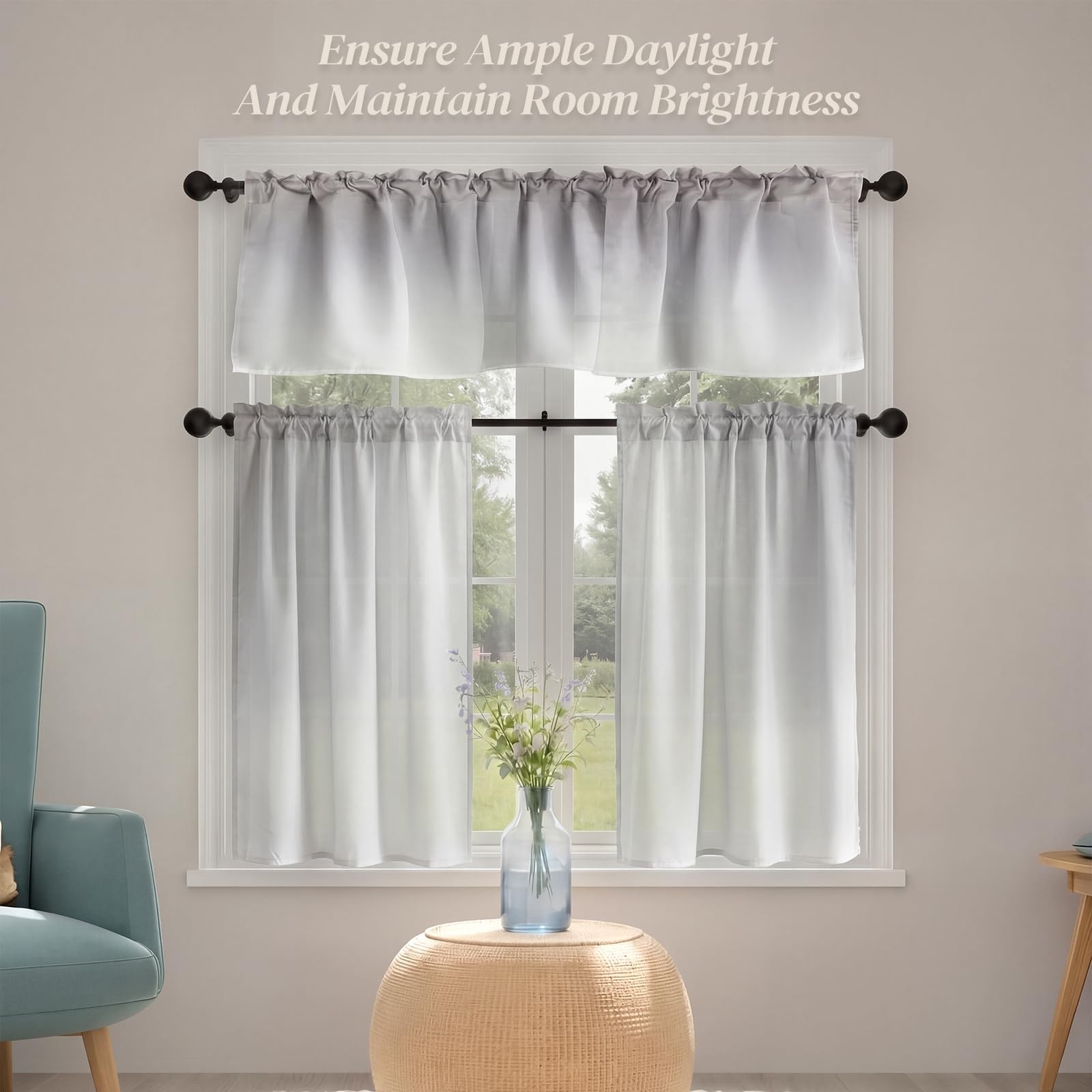 CrystalSylara Kitchen Curtain Sets with Valance 36 Inch Kitchen Curtains 3 Pi…