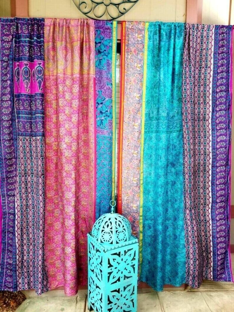 2 Pcs Indian Sari Patchwork Curtain Drape Window Decor Multi Silk Hippie Curtain