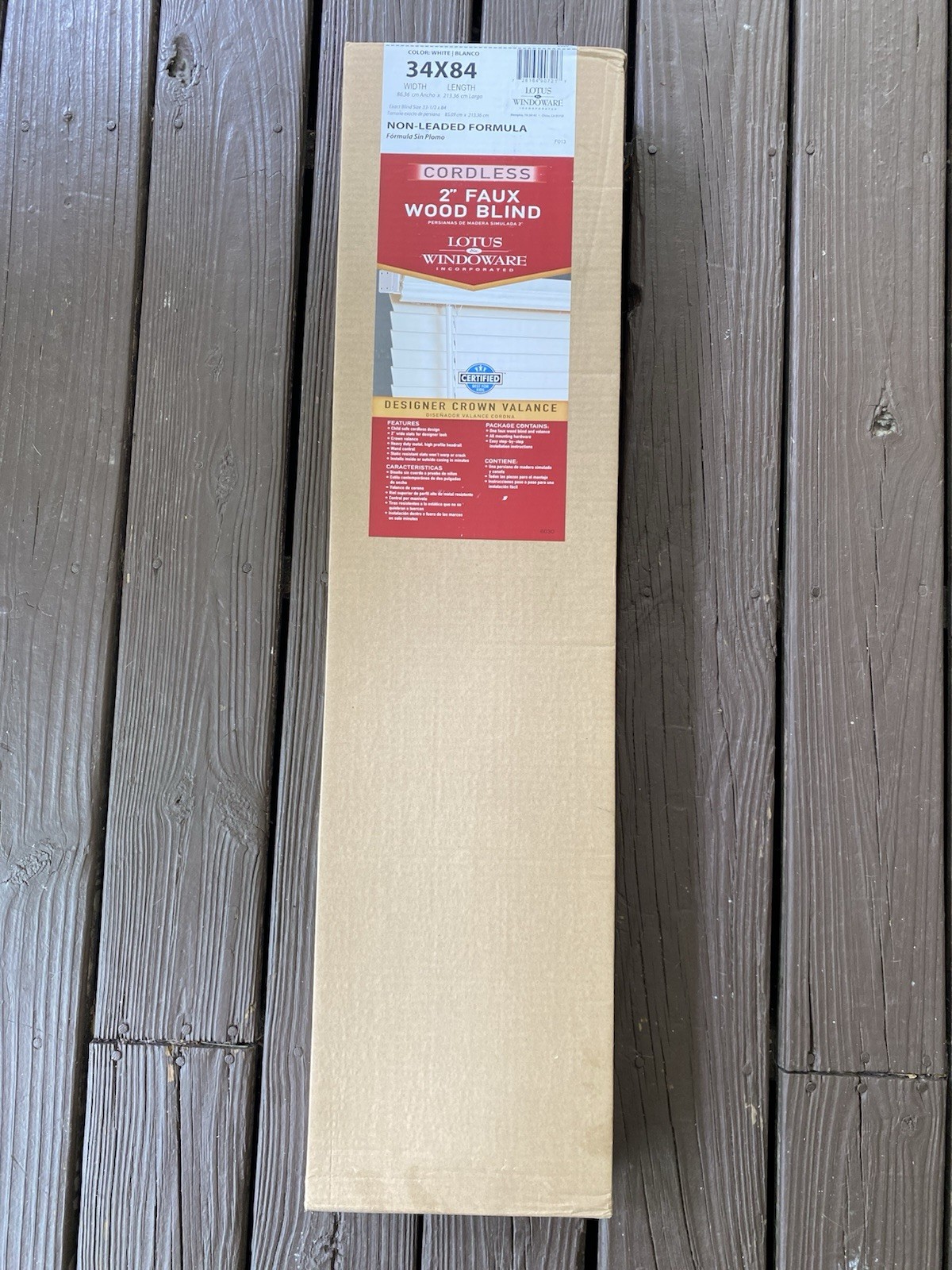Lotus Windoware Cordless Faux Wood Blind White 34×84 2in New In Box