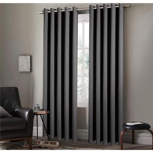 EYELET Grey Ring Top Plain Thermal BLACKOUT LINED Curtains with Tie Backs
