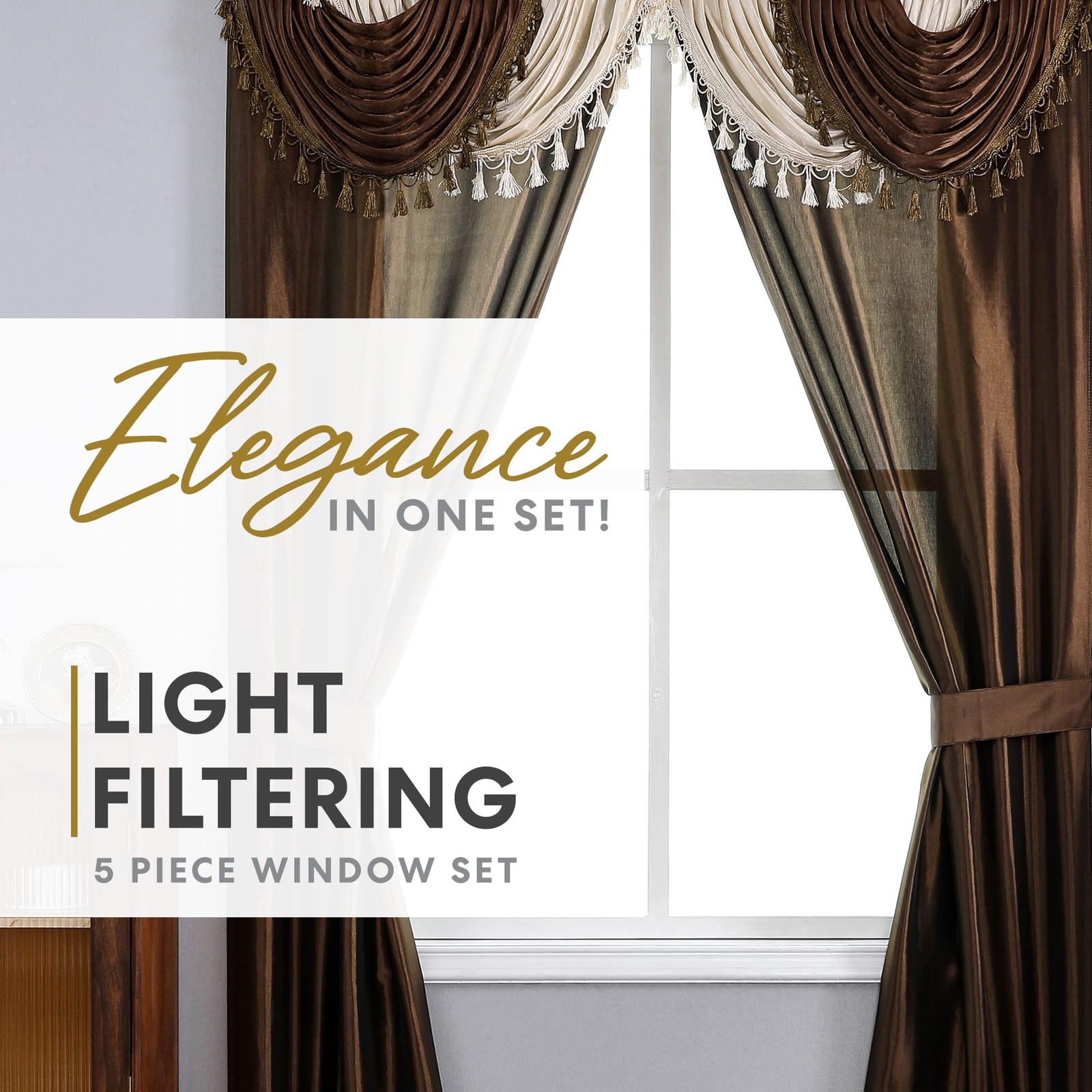 Regal Home Collections Amore 54 84-Inch Luxurious 5PC Attached Valance, Brown