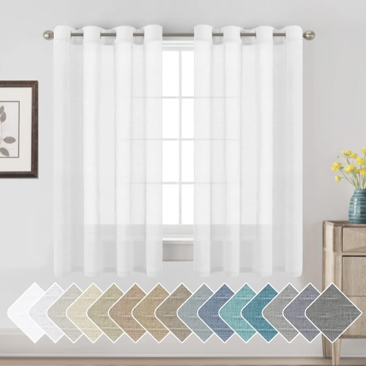 White Linen Sheer Curtains for Living Room Farmhouse Flax Linen Blended Curtain