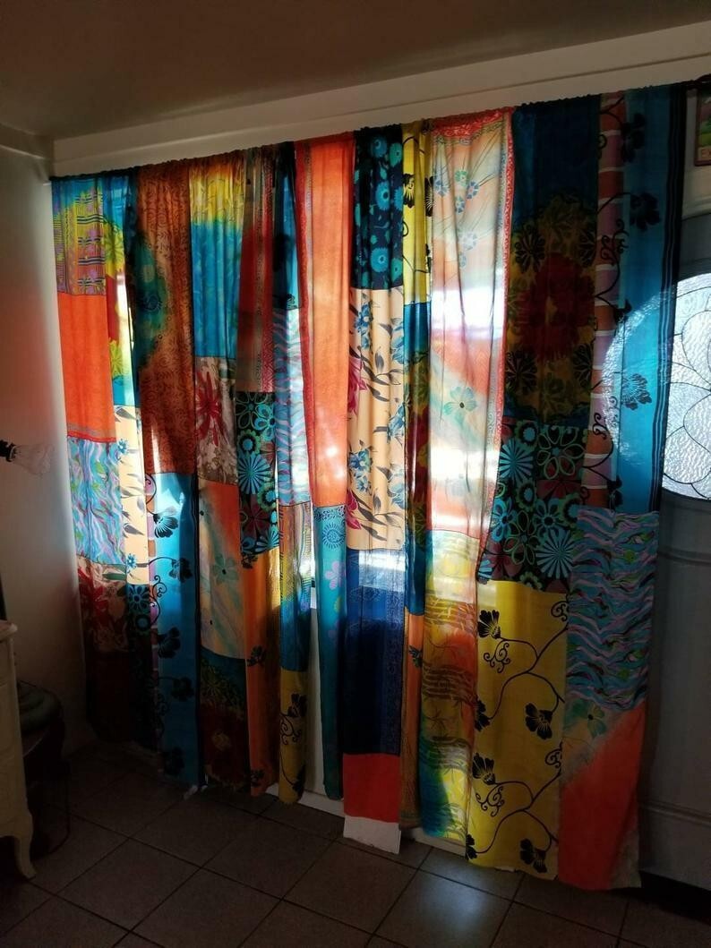 2 Pcs Indian Sari Patchwork Curtain Drape Window Decor Multi Silk Sari Curtain