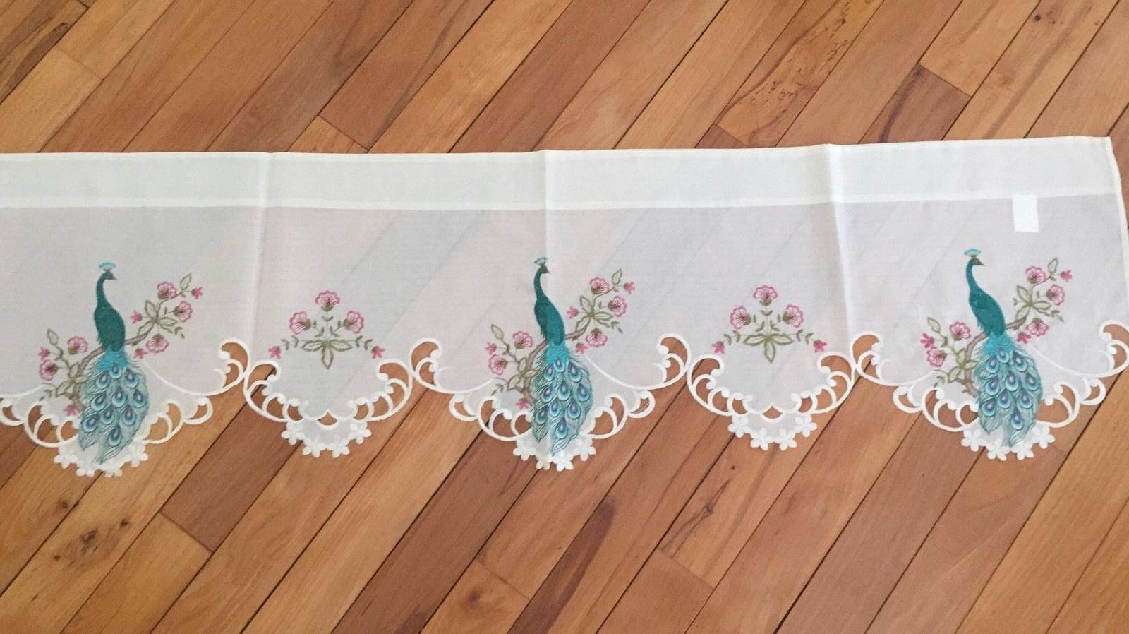 Embroidered Peacock Window Valance Peacock Feathers Spring Blooms Window Valance