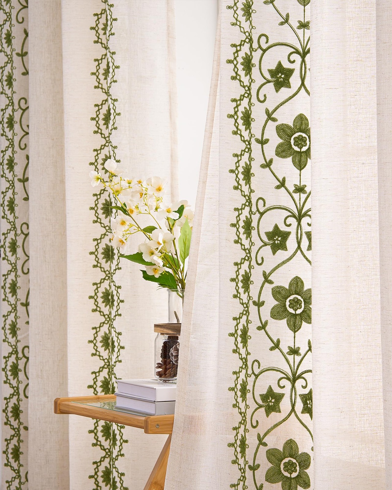 Boho Curtains for Bedroom Sage Green Linen Embroidered Curtains 63 Inch Length 2