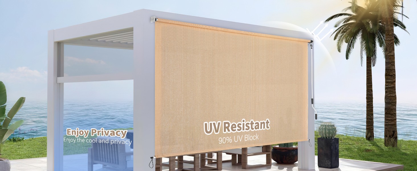 Outdoor Roller Shade 5′ W x 8′ L Cordless Patio Shades Roll Up Outdoors Blinds