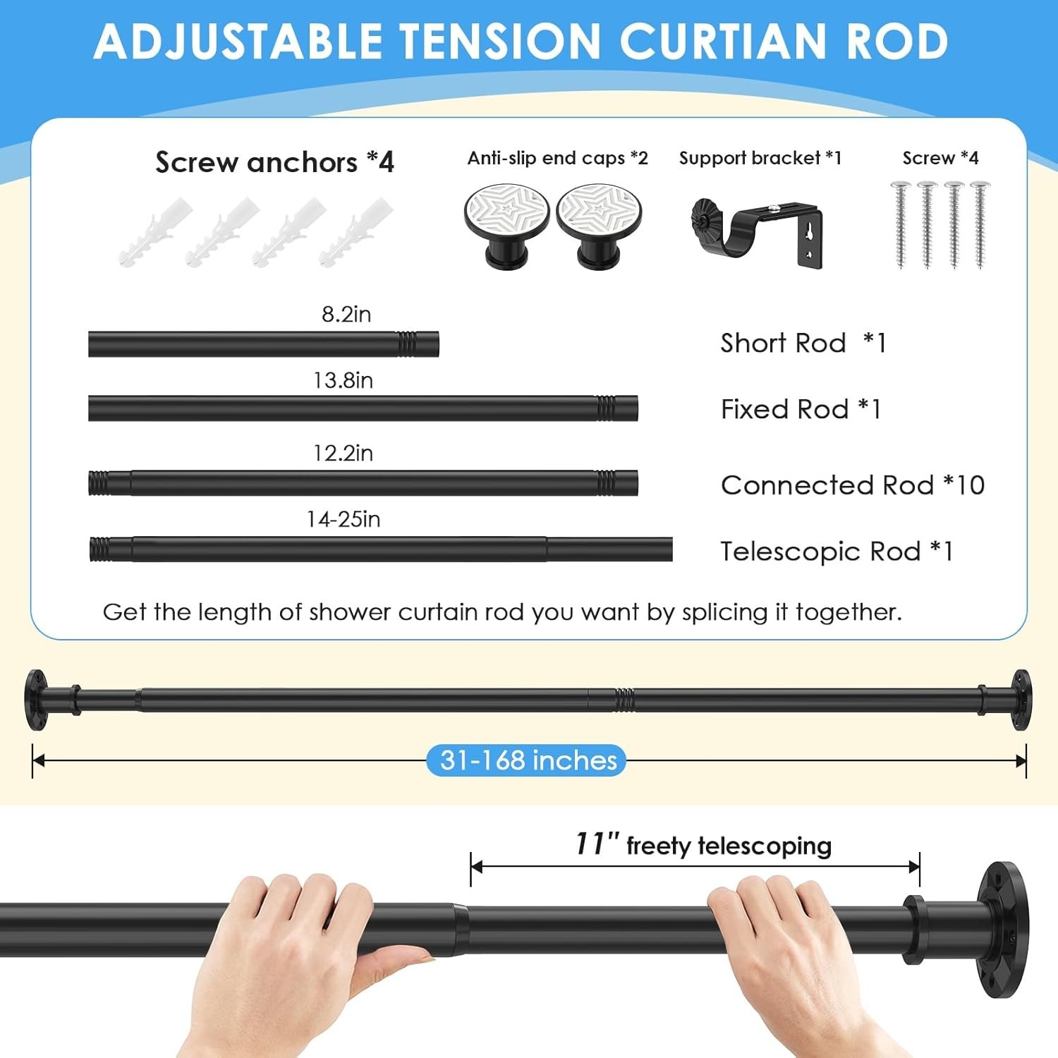 Outdoor Curtain Rod Tension Adjustable Heavy Duty Rustproof Black 31-168In