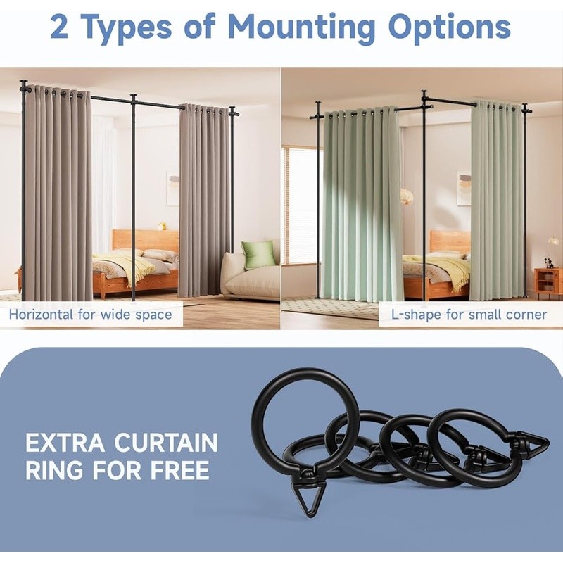 Room Divider Tension Curtain Rod Adjustable Portable Privacy Screen Easy Install