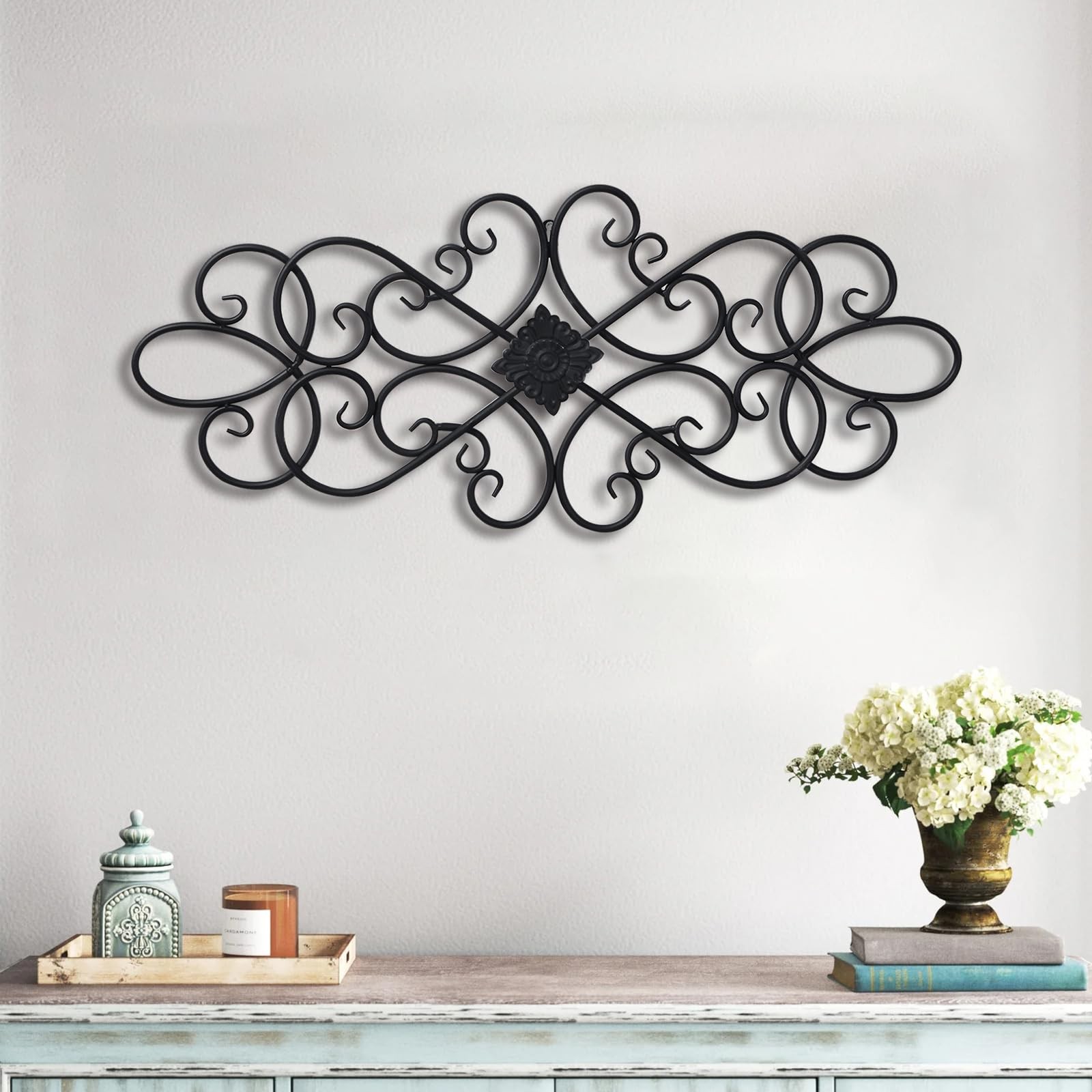 Black Wrought Iron Wall Decor 32″ X 13″, Hanging Flower Scroll Metal Wall Art De