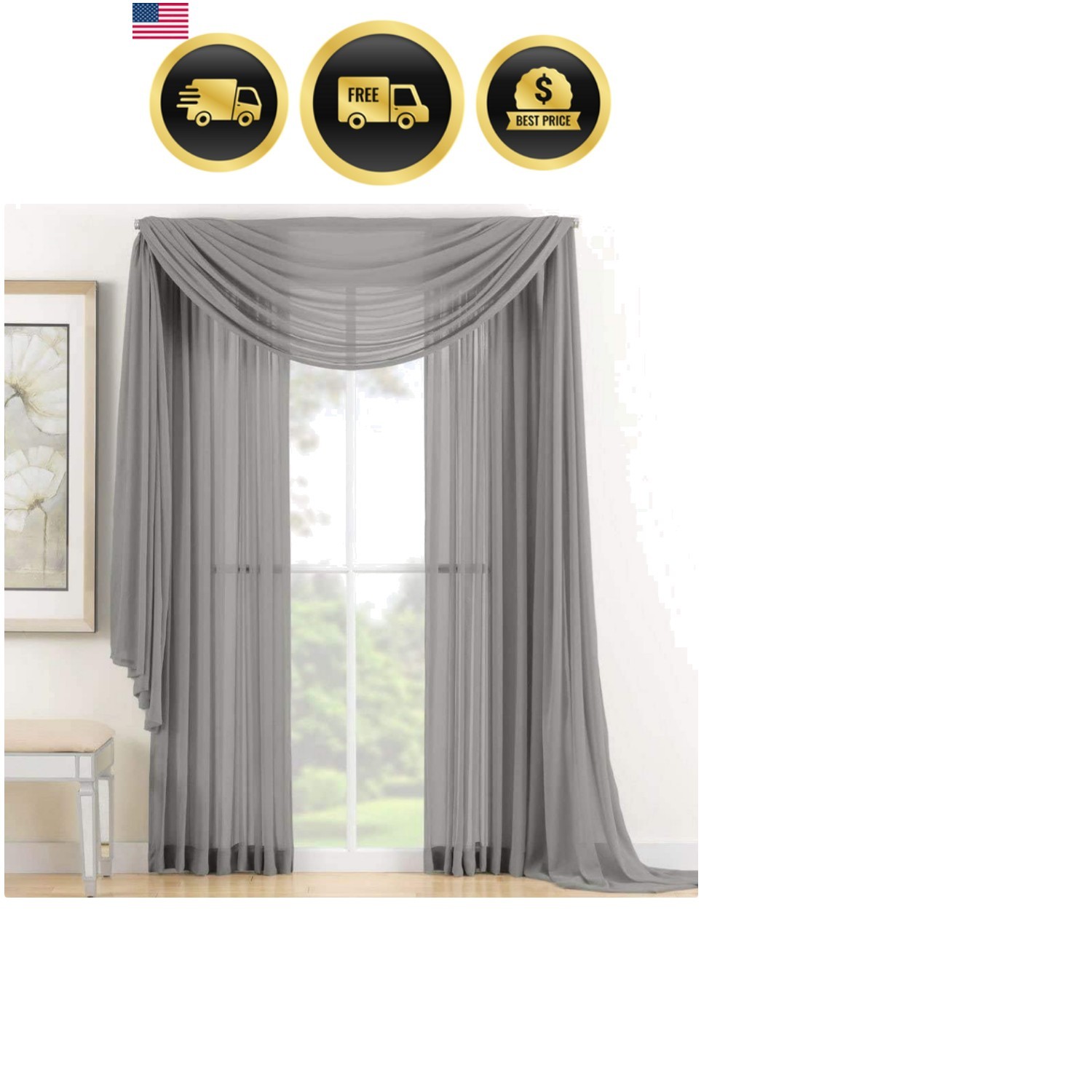 3 Piece Sheer Panel 2 Pieces 58″ x 84″ and Scarf Window 1 Pieces 37″ x 216″ C…
