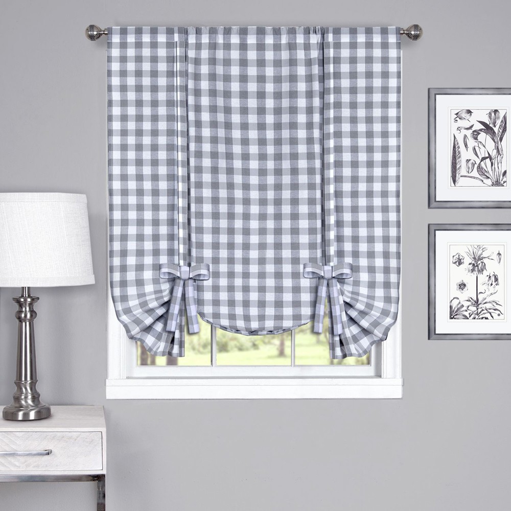 Gray Checkered Plaid Gingham Kitchen Window Curtain Drapes Panel Valance Shade