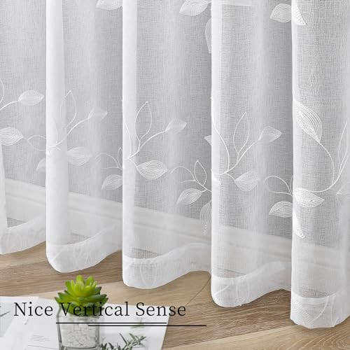 Leaf Sheer Tier Curtain Leaves Embroidered 30″W x 36″L (Pack of 2) White