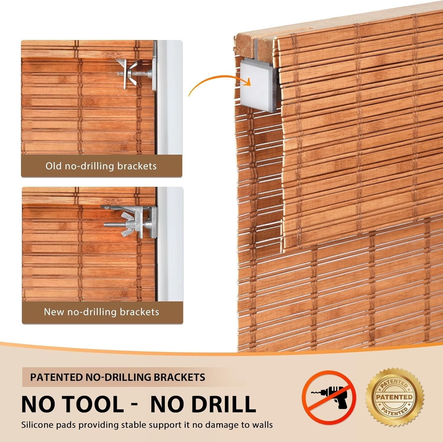 LazBlinds No Tools No Drill Cordless Bamboo Roman Shades Window 39″ W x 64” H