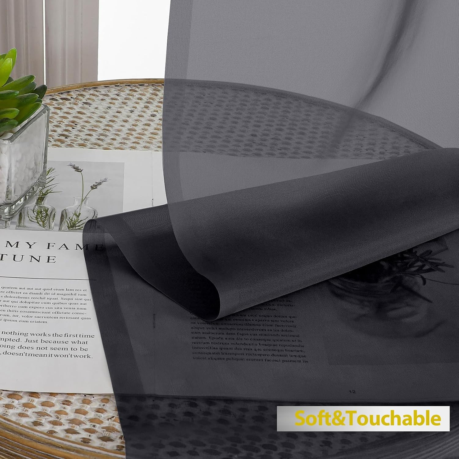 Black Sheer Curtains 54 Inch Length for Bedroom – Light Filtering Short Curtains