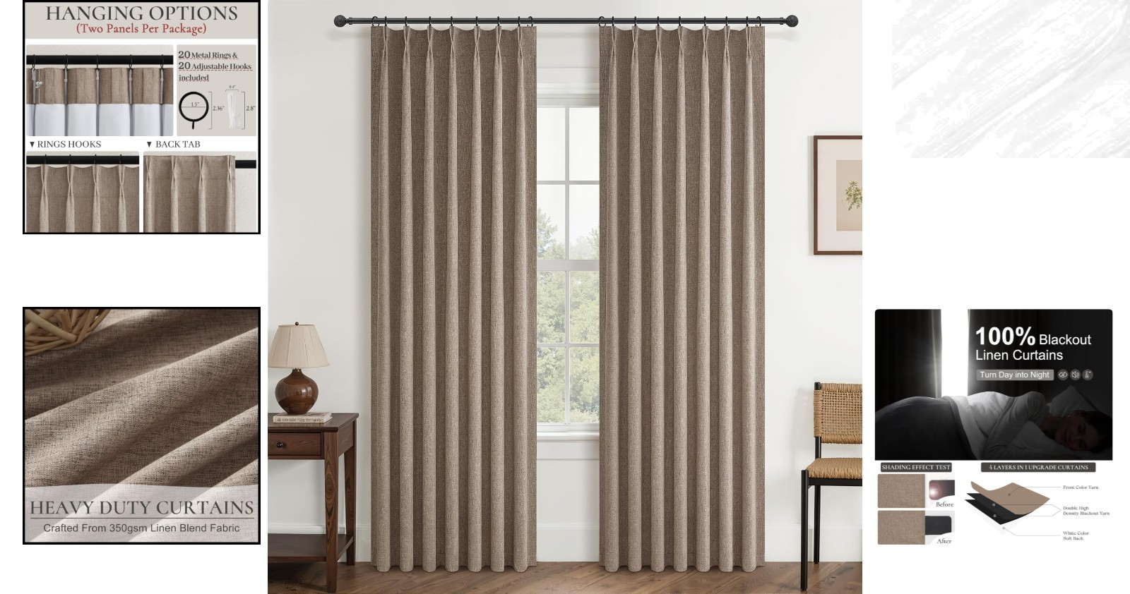 Stylish Dark Flax Pinch Pleated Blackout Drapes 60″W x 96″L for Bedroom & Dining