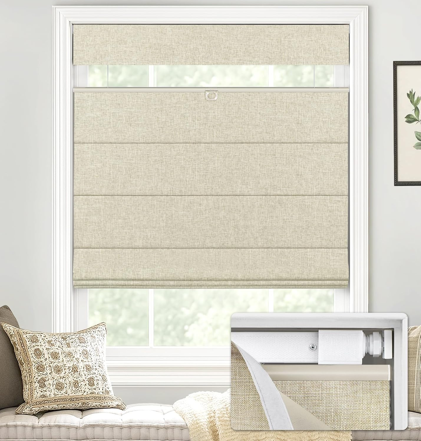 LazBlinds No Drill TDBU Roman Shades, Blackout – Beige, 35″ W x 64″ H | No Tools