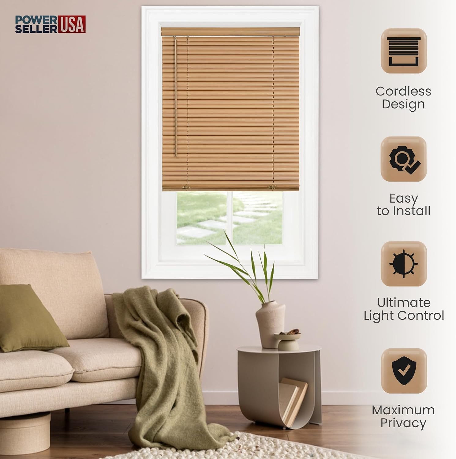 PowerSellerUSA Cordless Vinyl Mini Blinds 34×64 Inch Woodtone