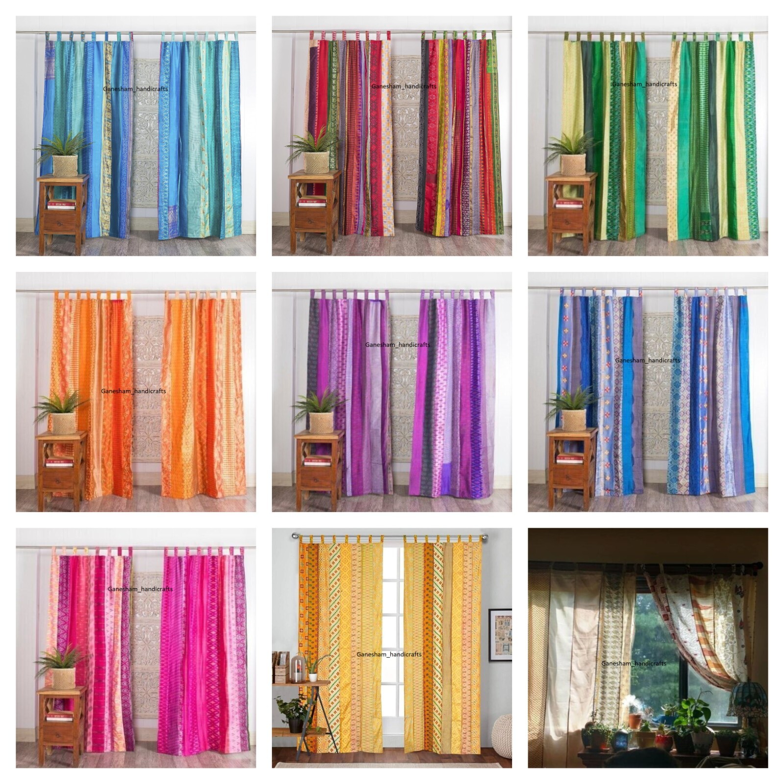 Wholesale Lot Indian Vintage Sari Patchwork Curtain Drape Window Silk Curtain