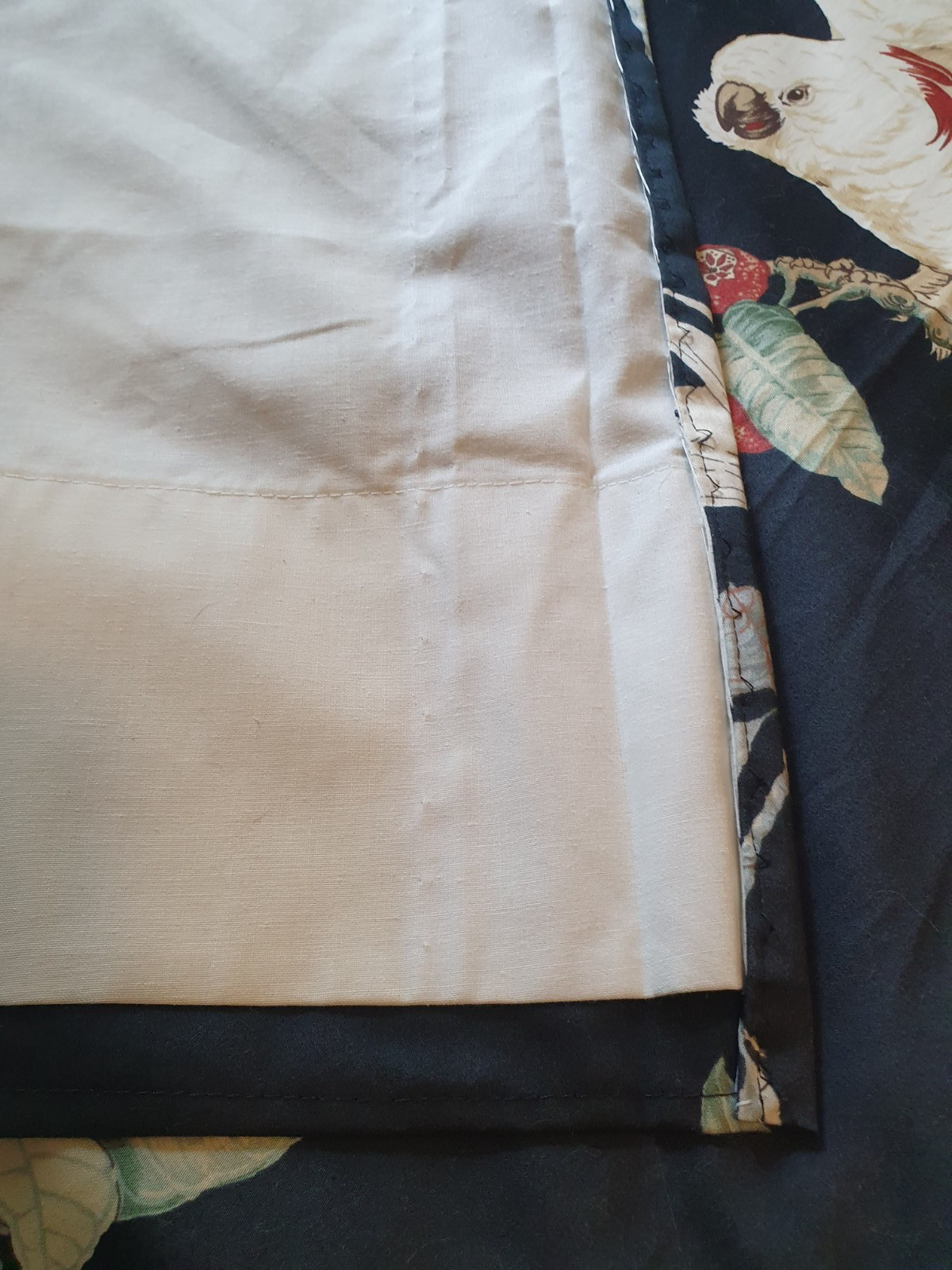 Custom Drapery Panels 2 Lined Unused Black Sateen Birds Leaves 78″x94 Each Panel
