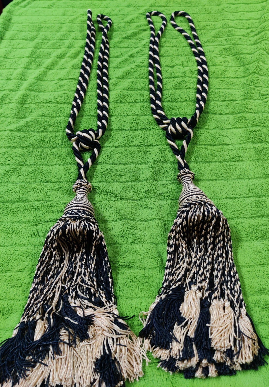 Vintage Two Large Black Gold Drapery Curtain Tie Back Tassels braided rope 31″