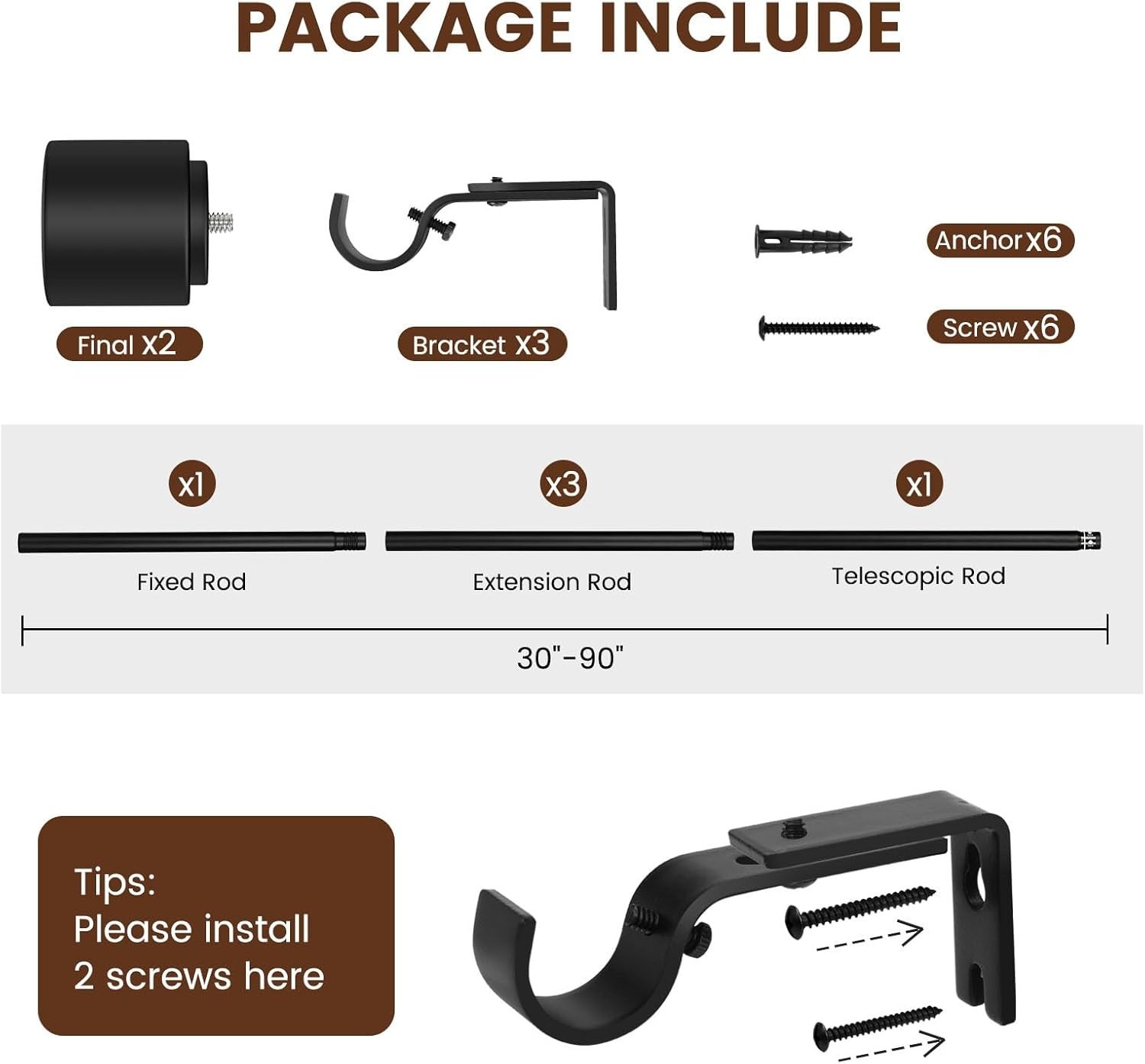 1” Diameter Matte Black Curtain Rods Itself is 30 to 90 inch, 1 Pack Fit 30-8…