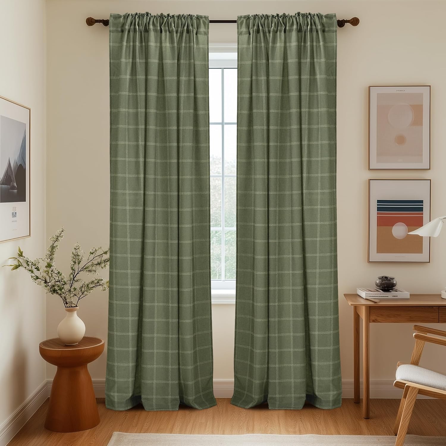 2 Panels 52 X 84 Inch Long Linen Plaid Curtains Modern Window Panels Moss Green