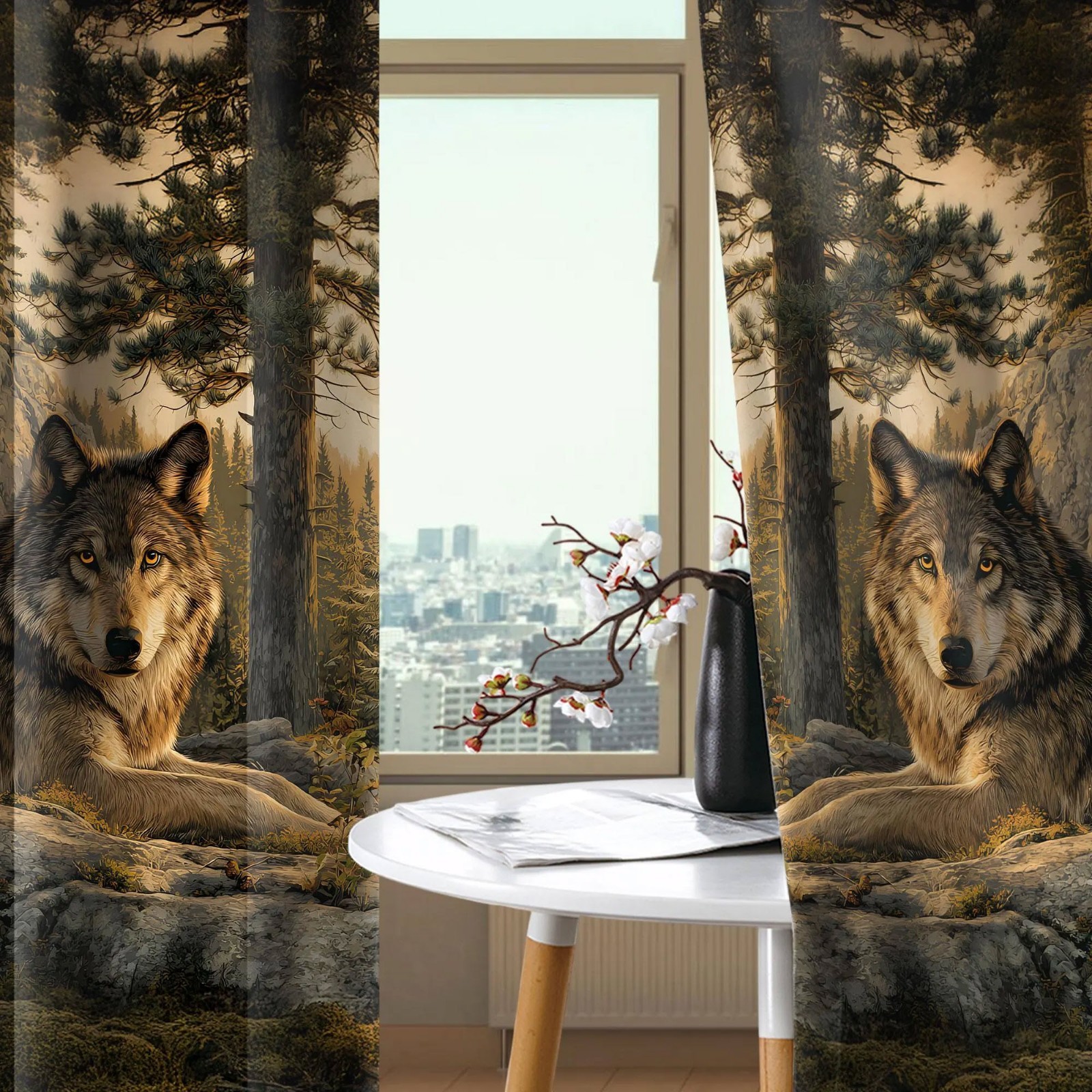 Woodland Wolf Forest Animal Curtains Wild Wolf Window Panels Art Nature Decor US