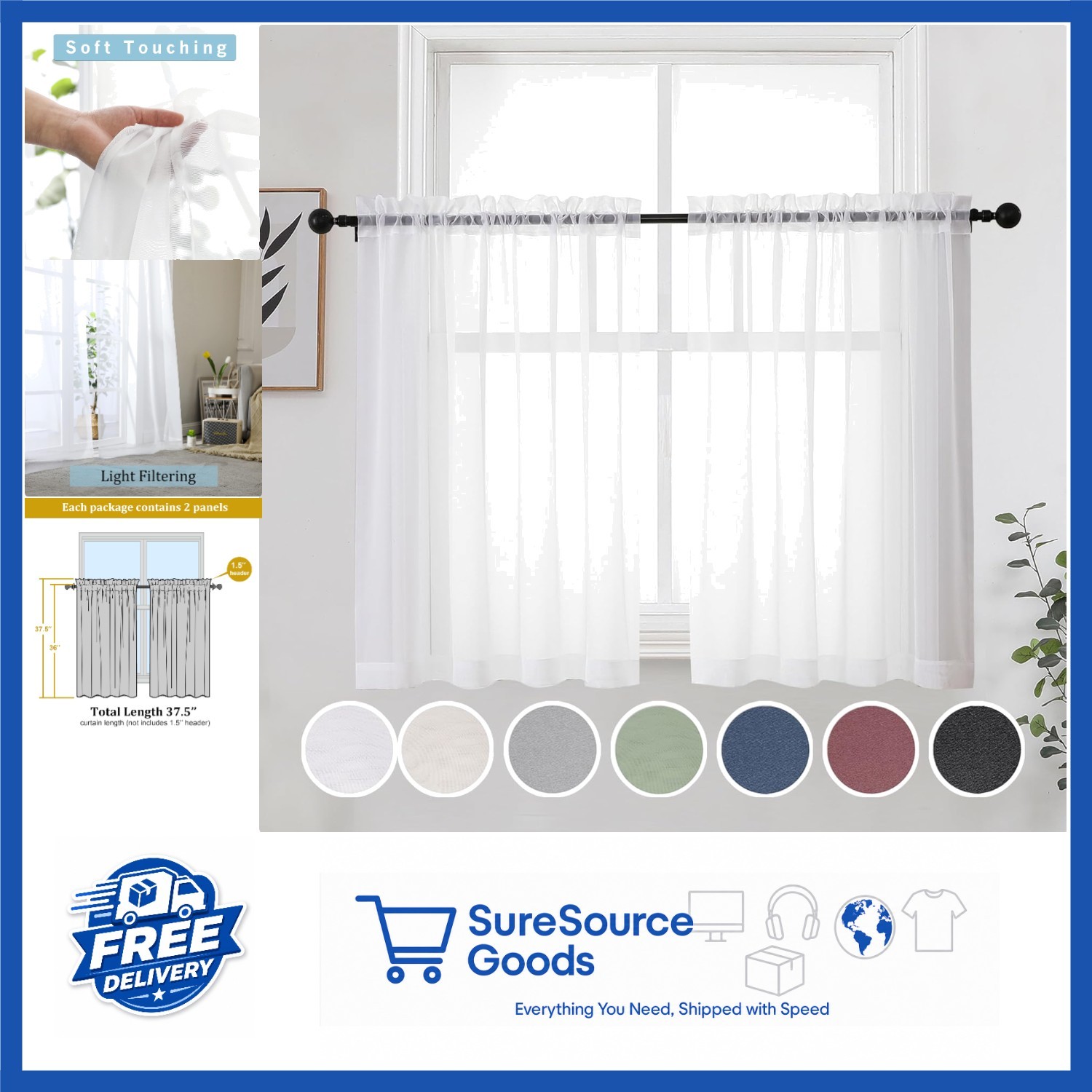 Casual White Sheer Curtains 2 Panels 42″W x 36″L Rod Pocket for Home Decor