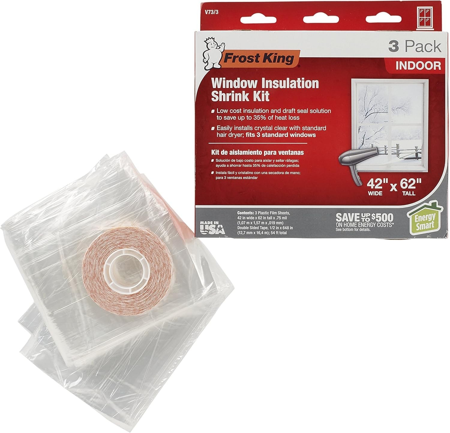 V73/3H Shrink Window Insulation Kit, Indoor, 42 x 62 in, 3 pack