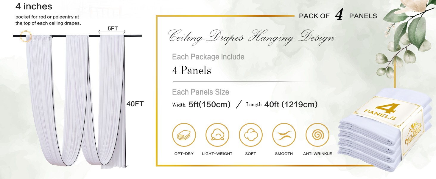 20ftx40ft White Ceiling Curtain for Wedding Parties – 4 Panels Wrinkle-40 FT