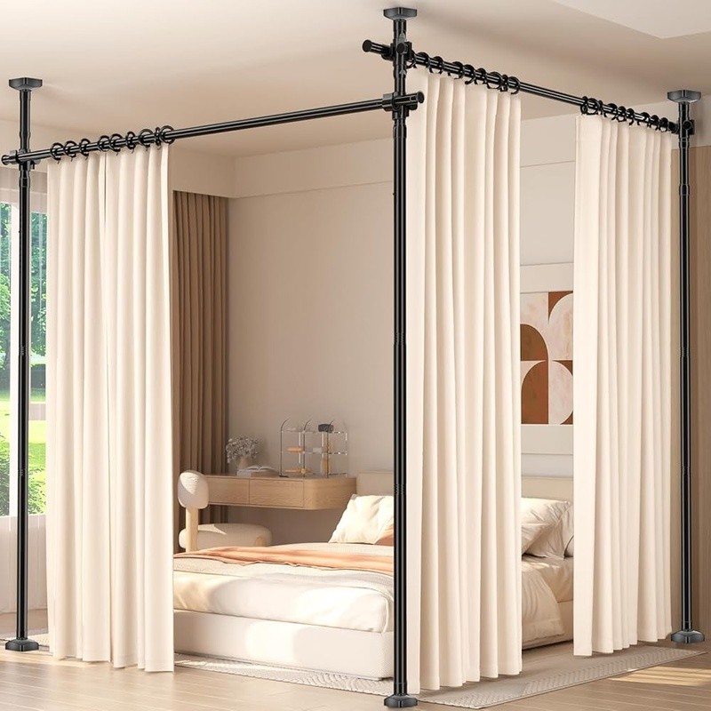 Adjustable No Drill Room Divider Curtain Rod Tension Mounted Strong Load-bearing
