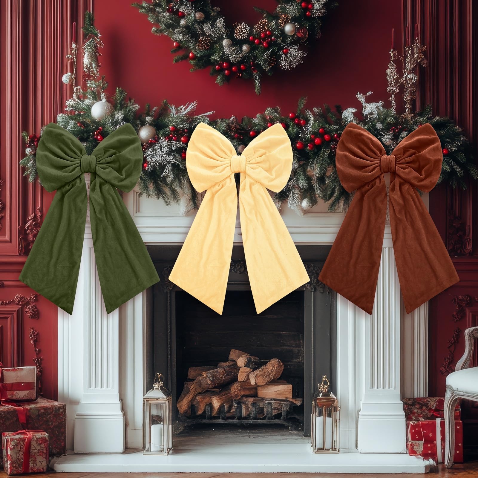 3 Pack Velvet Christmas Bow Decoration 2 ft Large Fireplace Bow Christmas Tre…