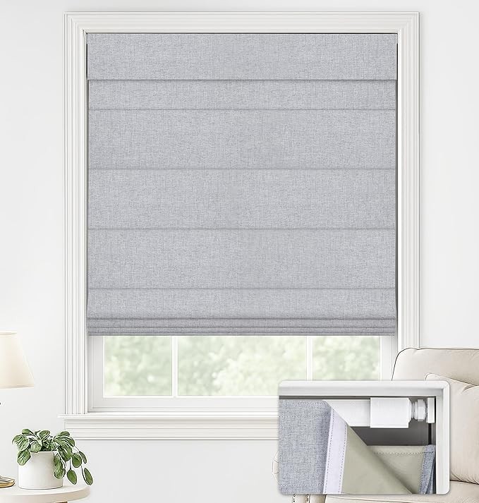 Cordless No Drill Roman Shades 23″ W x 64″ H Grey Blackout