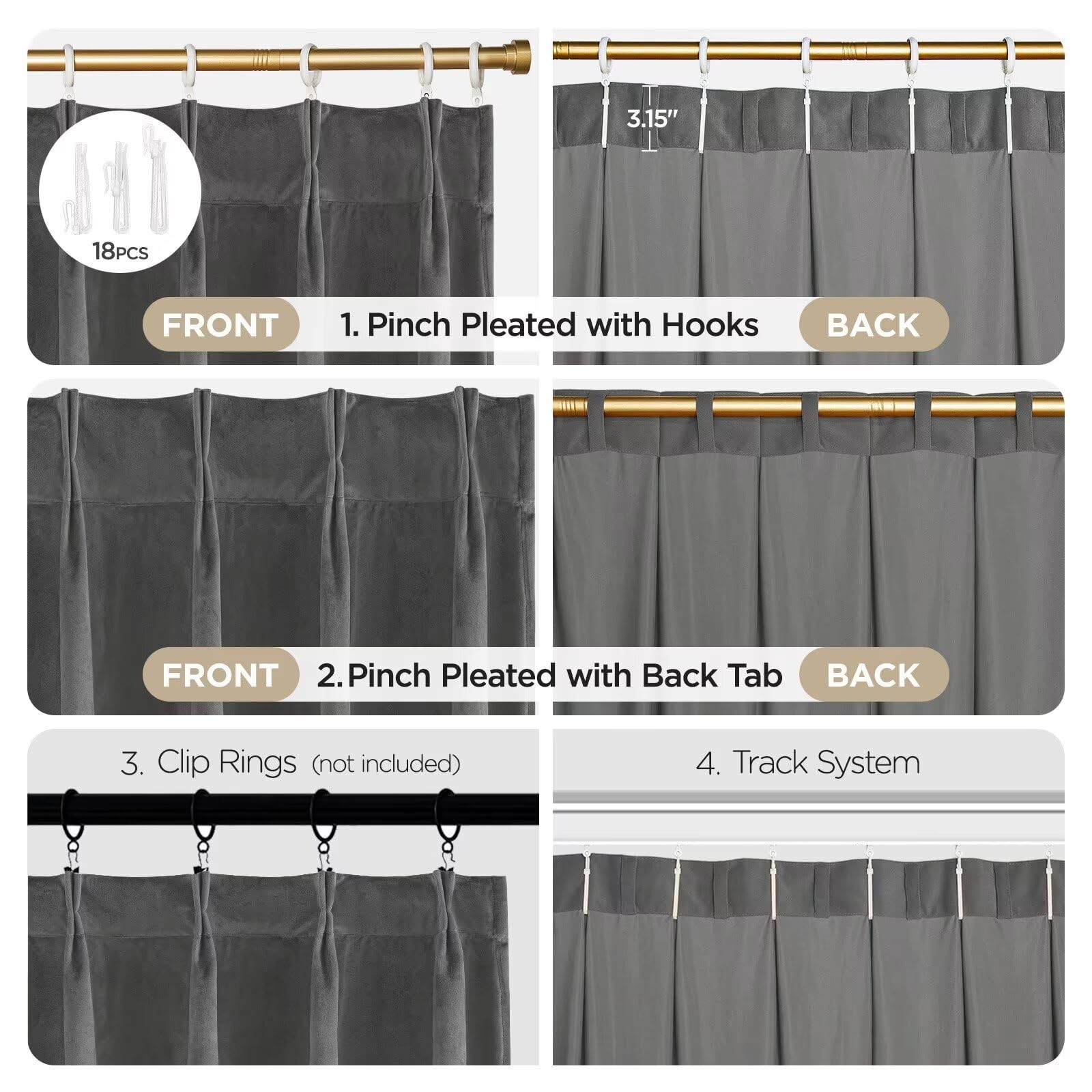 Luxury Grey Velvet Blackout Curtains 96″ Long, 2 Panel Set, Thermal Insulated