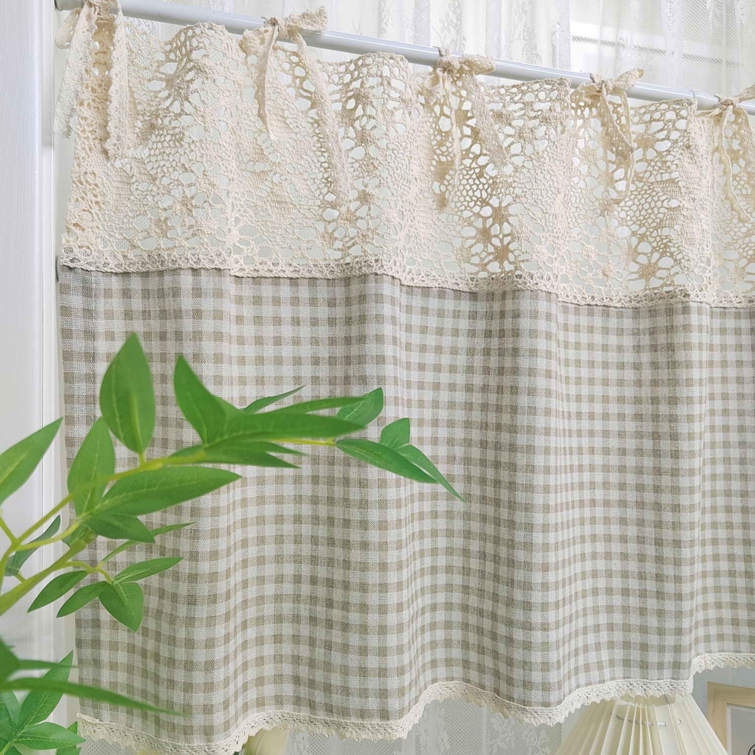 Vintage Buffalo Plaid Valance Stitching Crochet Kitchen Short Curtain Tier Li…