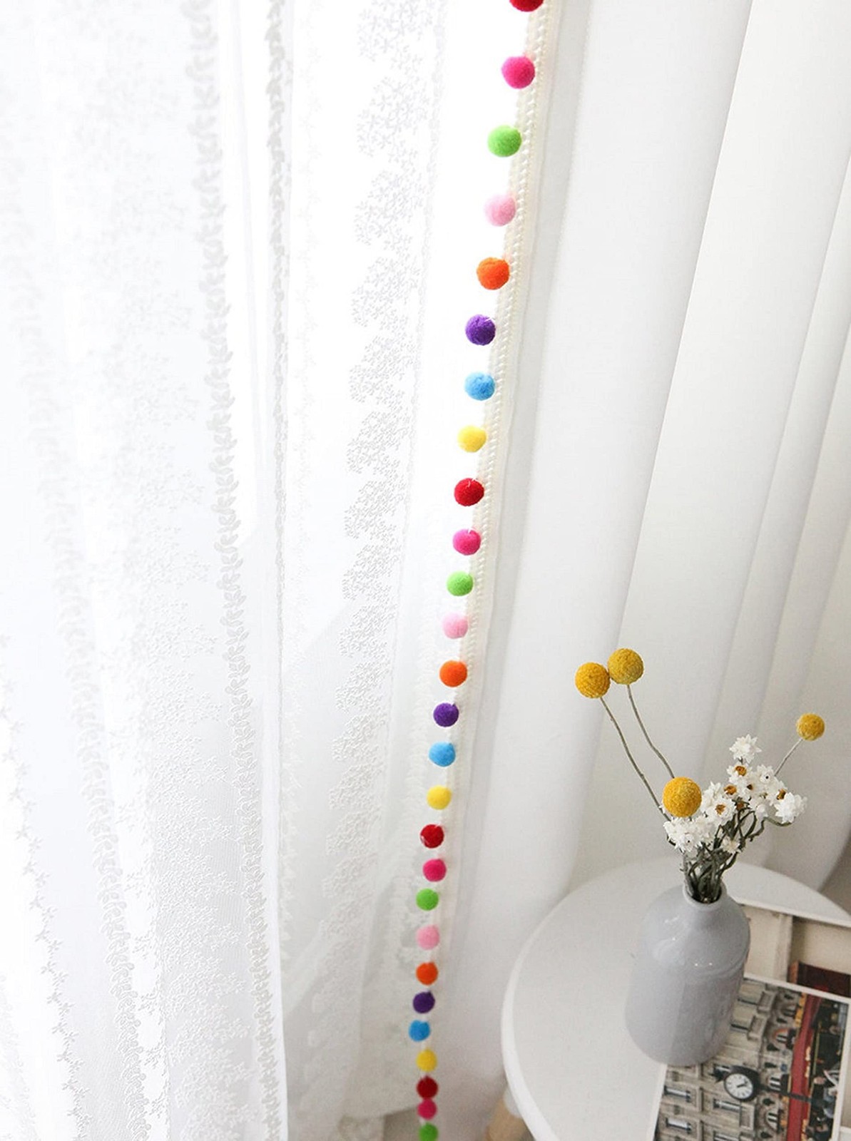 Handmade White Cotton Curtain with Multi Color Pom Pom Tassels, Boho Window T…