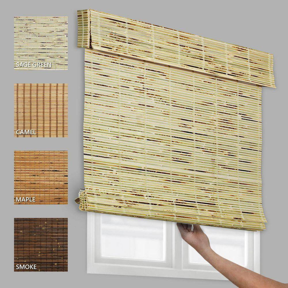 Natural Woven Light Filtering Cordless Bamboo Roman Shades for Windows, 27 In. W