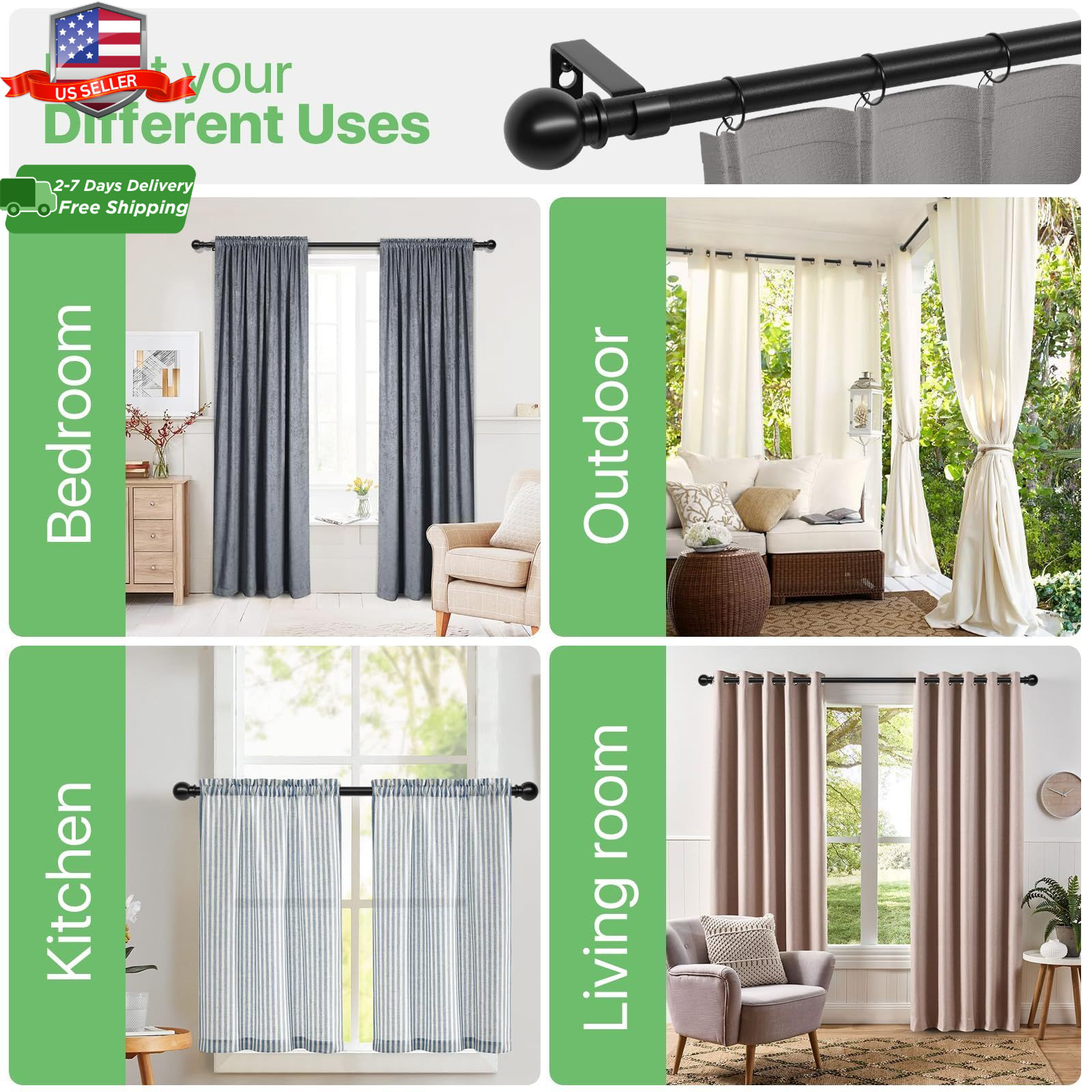 Curtain Rods for Windows 28 to 48 Inch, 5/8 Inch Black Curtain Rod Set with Brac
