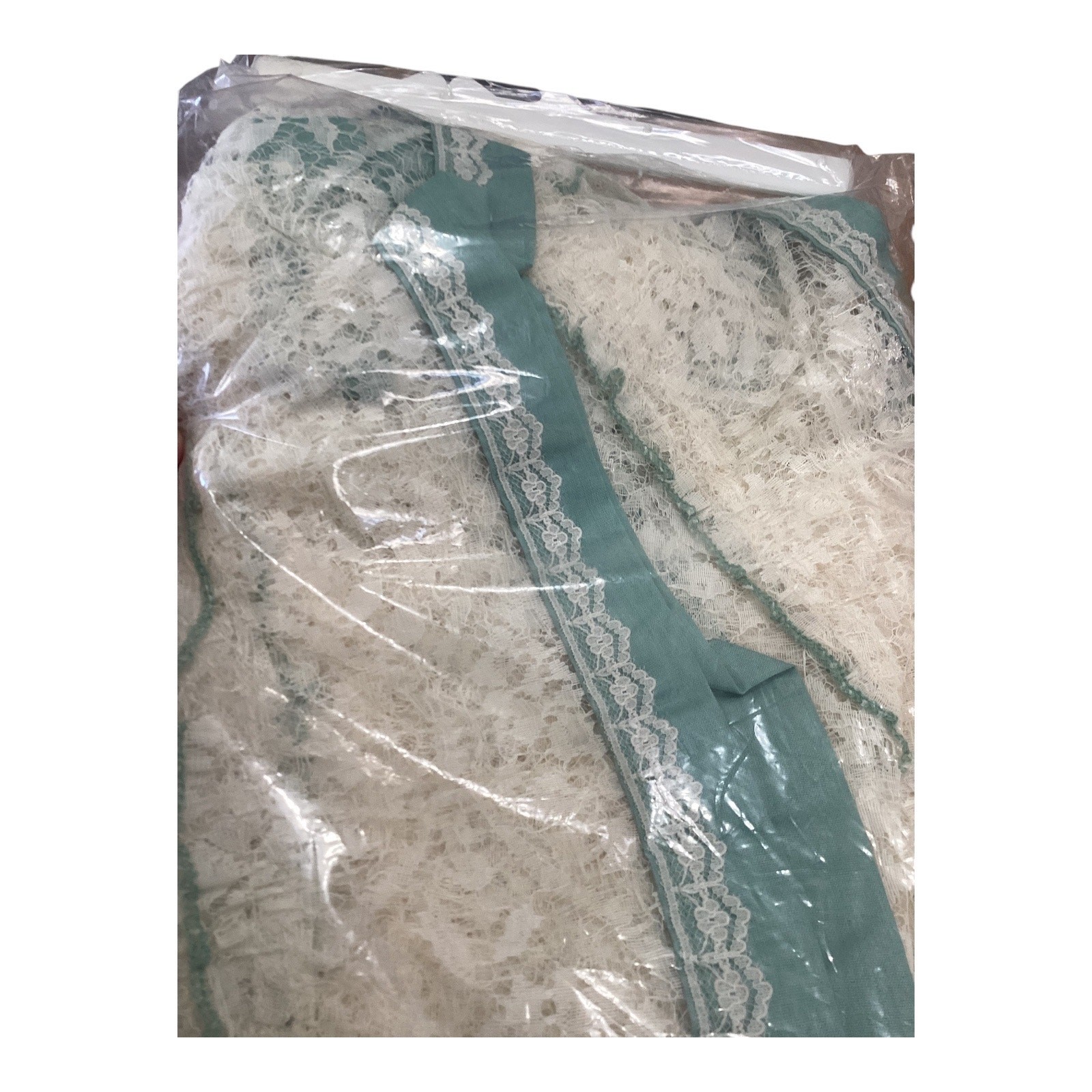 Vintage NIP Top Mates 80×30 Double Crescent Swag Curtain Aqua Blue White Lace