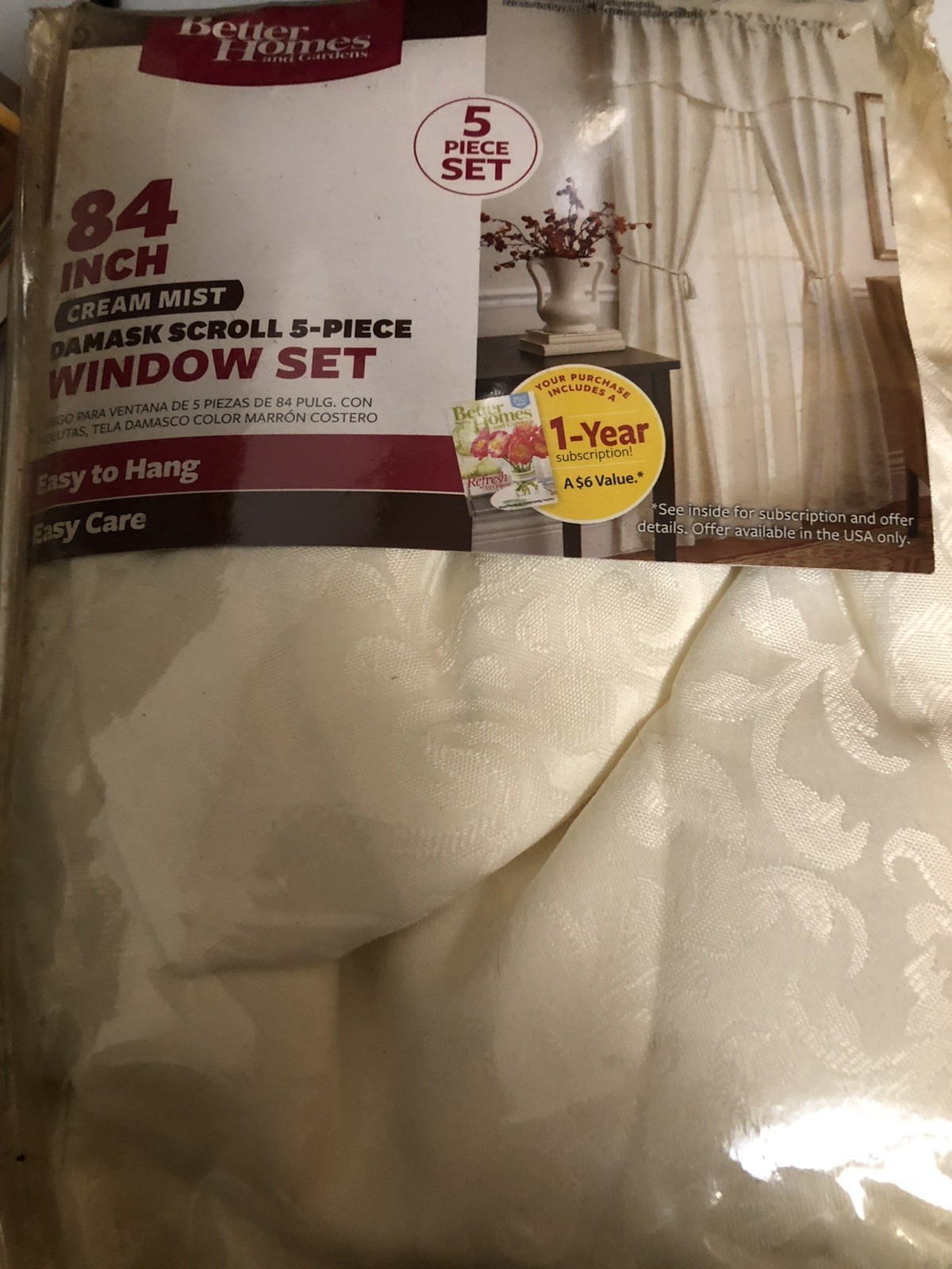 BETTER HOMES AND GARDENS DAMASK SCROLL CREAM MIST 84” LENGTH 5 PEICE WINDOW SET