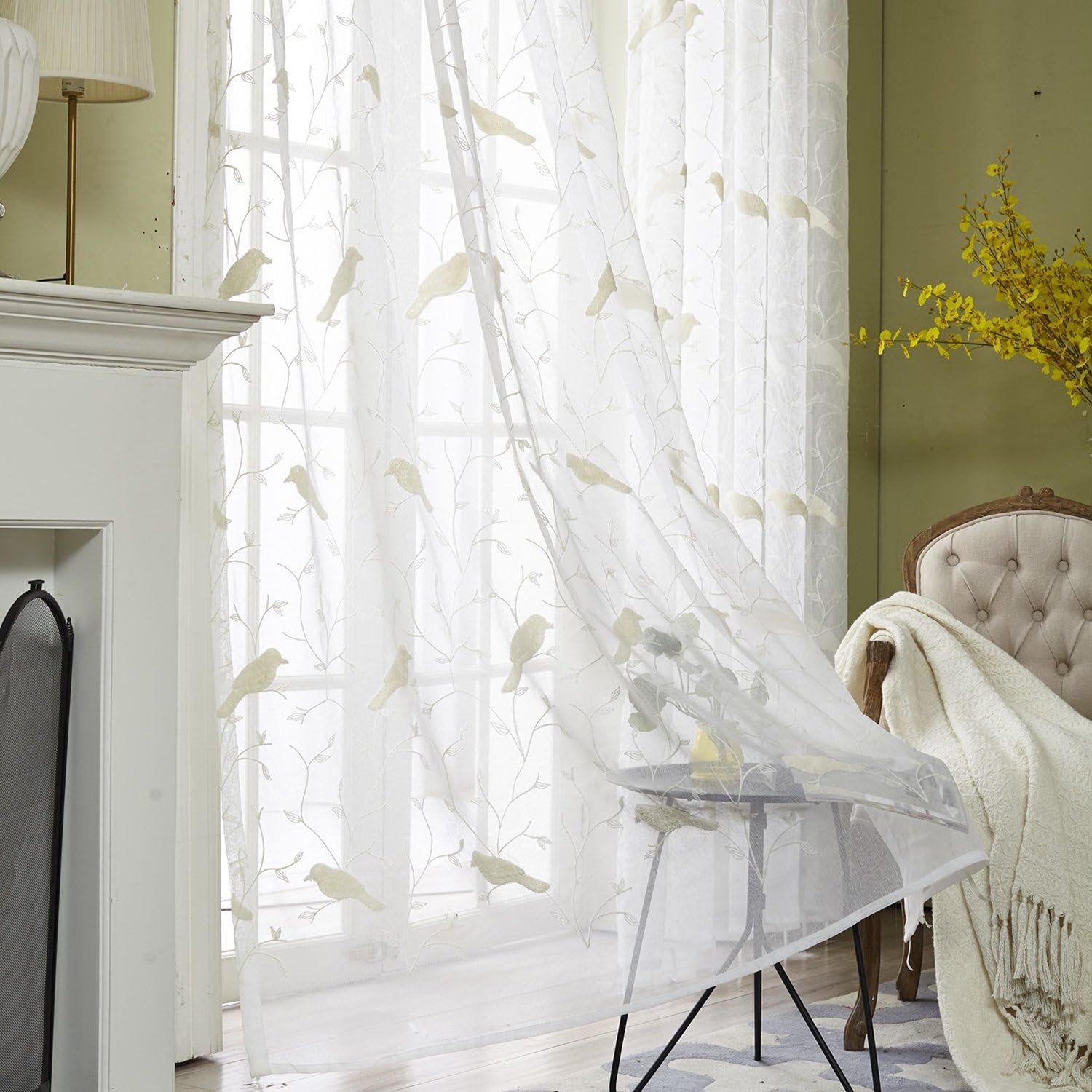 Rod Pocket Sheer Curtains Elegant Embroidered Bird Design White Window Drapes…