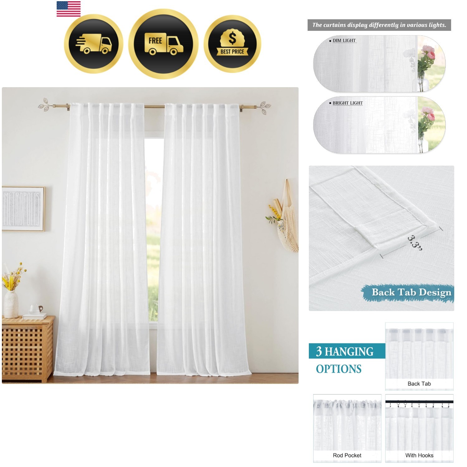 White Curtains Sheer – Linen Texture Sheer Window Covering, Light & Airy Tran…