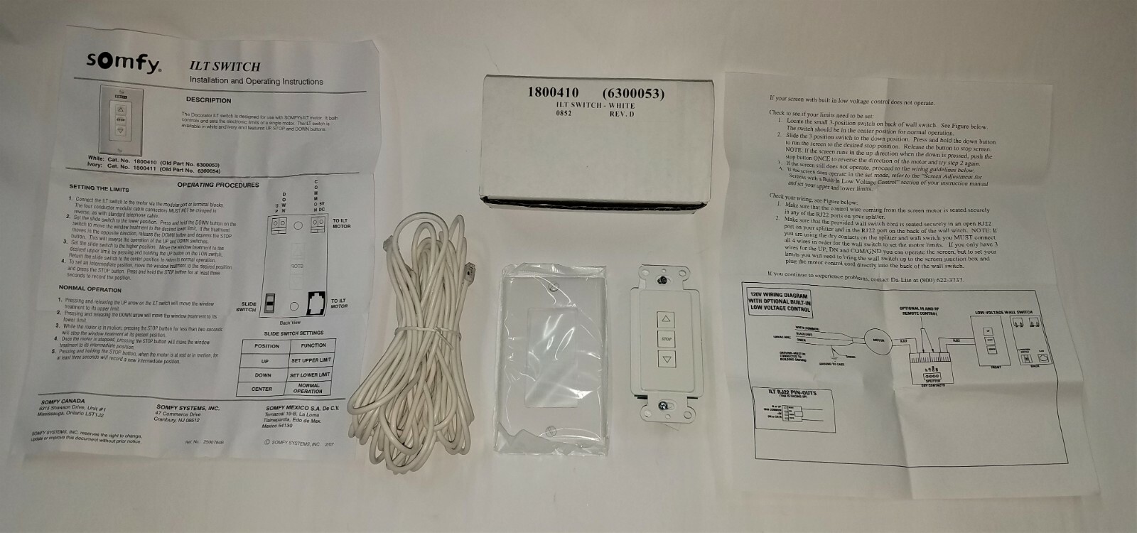 Somfy ILT 3 Button Decora Wall Switch,w/25ft Cable,White,Cat #1800410,0852,REV.D