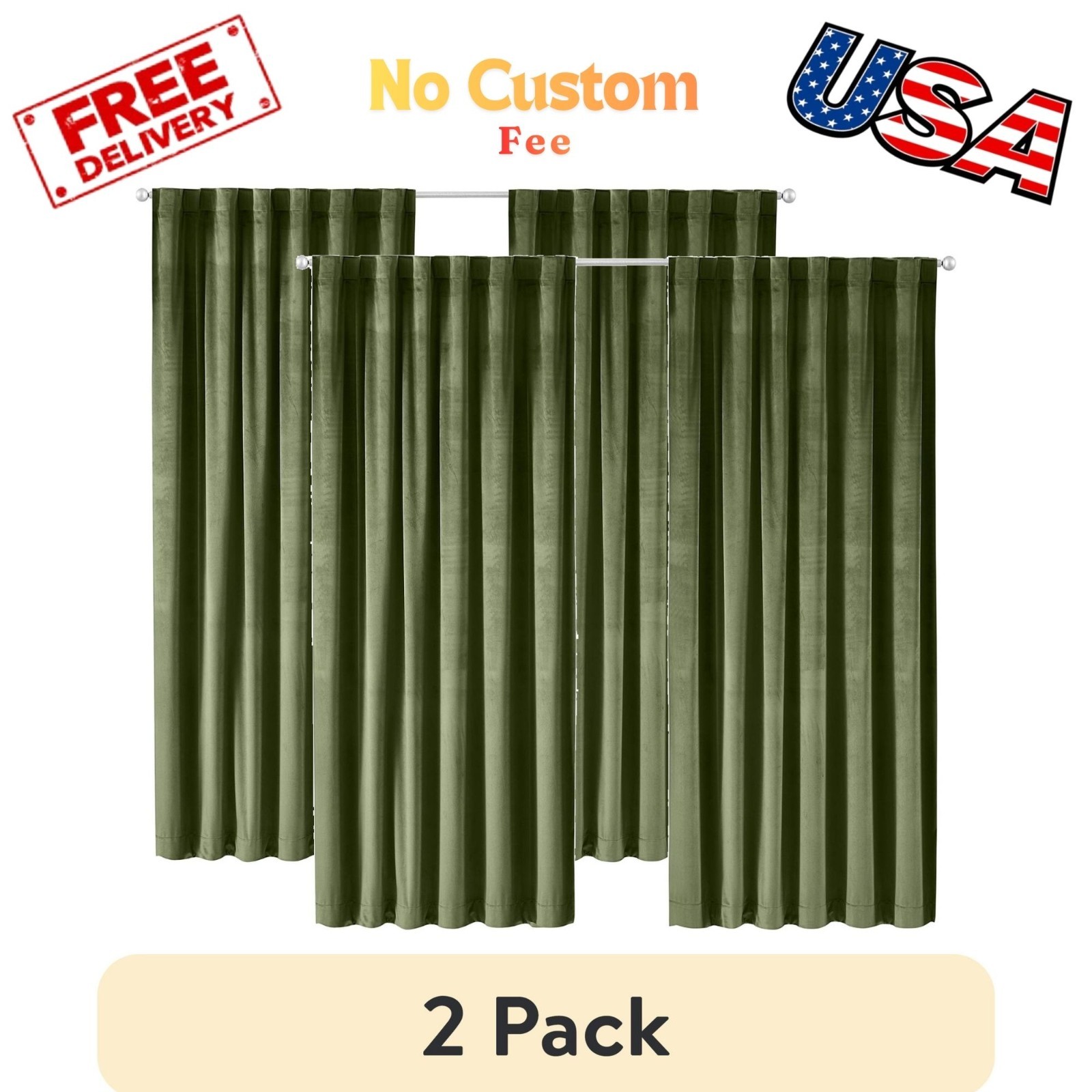 2 pack Dutch Velvet Solid 100% Blackout Single Curtain Panel, Green, 52″ Wx84″ L