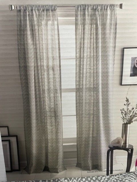 DKNY Chevron Stripe Herringbone 2 Window Curtain Panels Taupe Grey Ivory 50 x 96