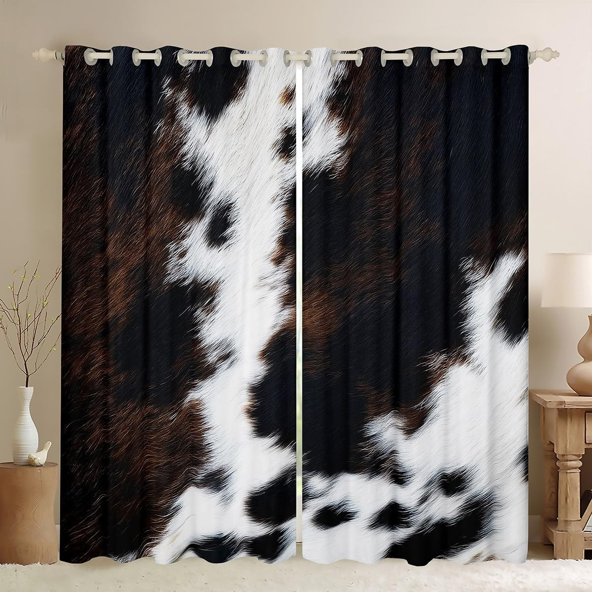 Brown Cowhide Window Curtains Western Black White Cow Print Curtains for Bedroom