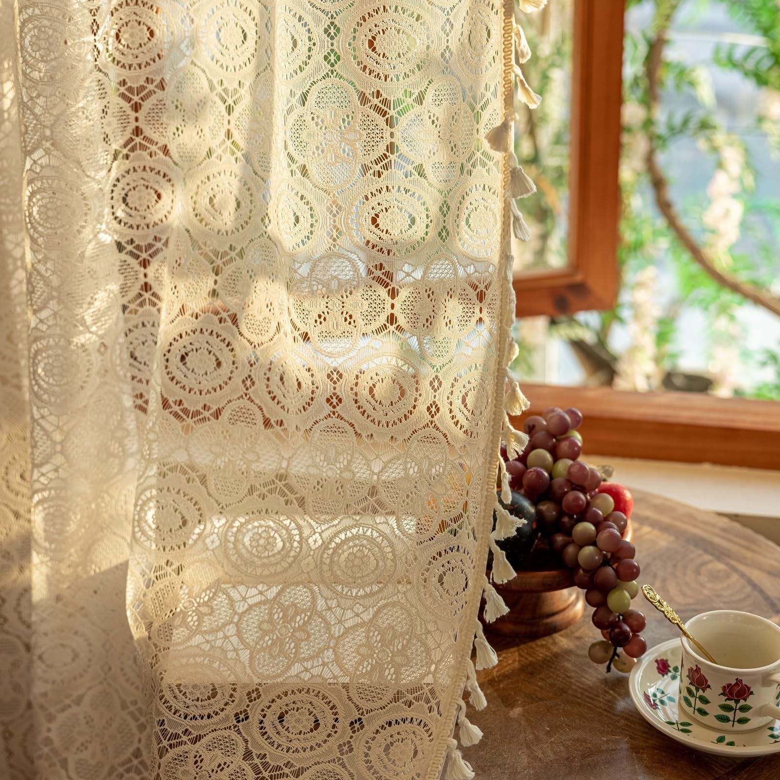 Boho Lace Curtains 84 inches Long 2 59″W x 84″L (Pack of 2), Beige