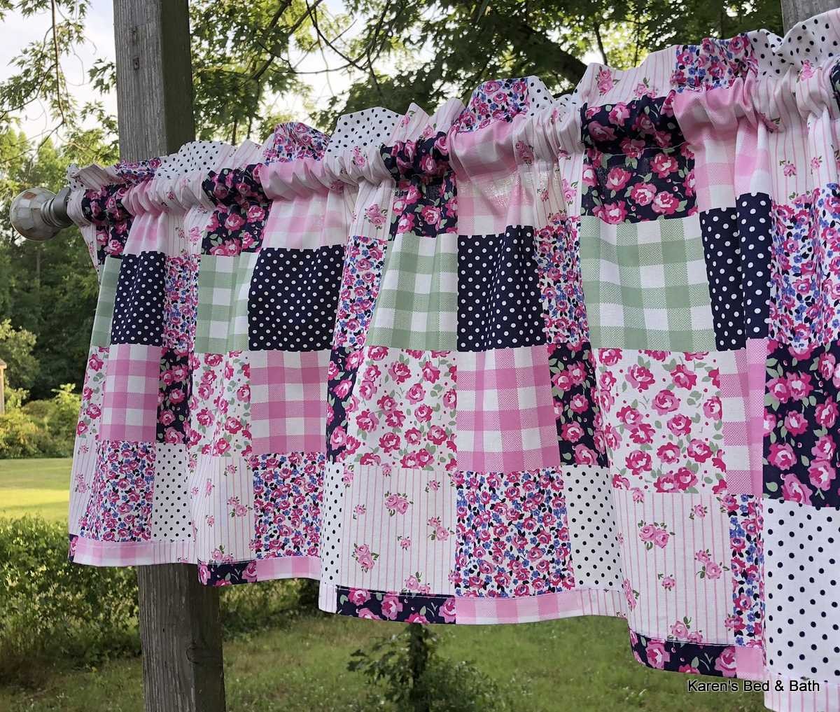 Patchwork Rose Valance – Pink Navy Gingham Floral Print – Shabby Chic Cottage