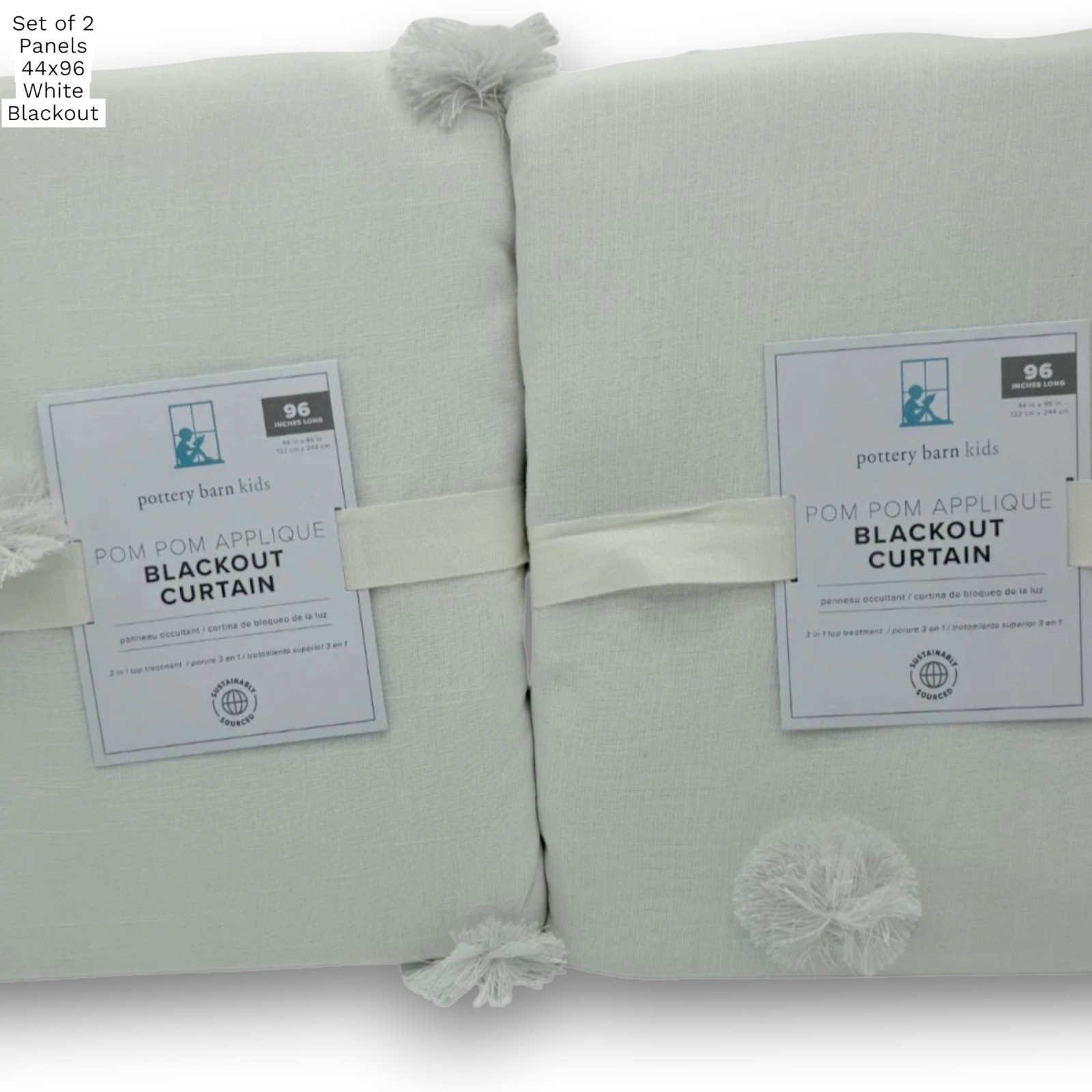 Pottery Barn Kids Pom Pom Applique Curtains Set of 2 44×96 White Blackout