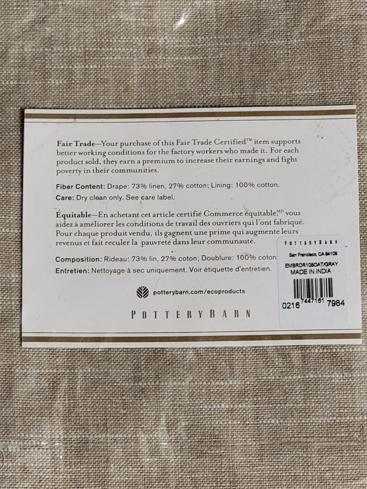 Emery Bordered Drape Grommet Oatmeal – Flagstone 50 x 108 in Pottery Barn